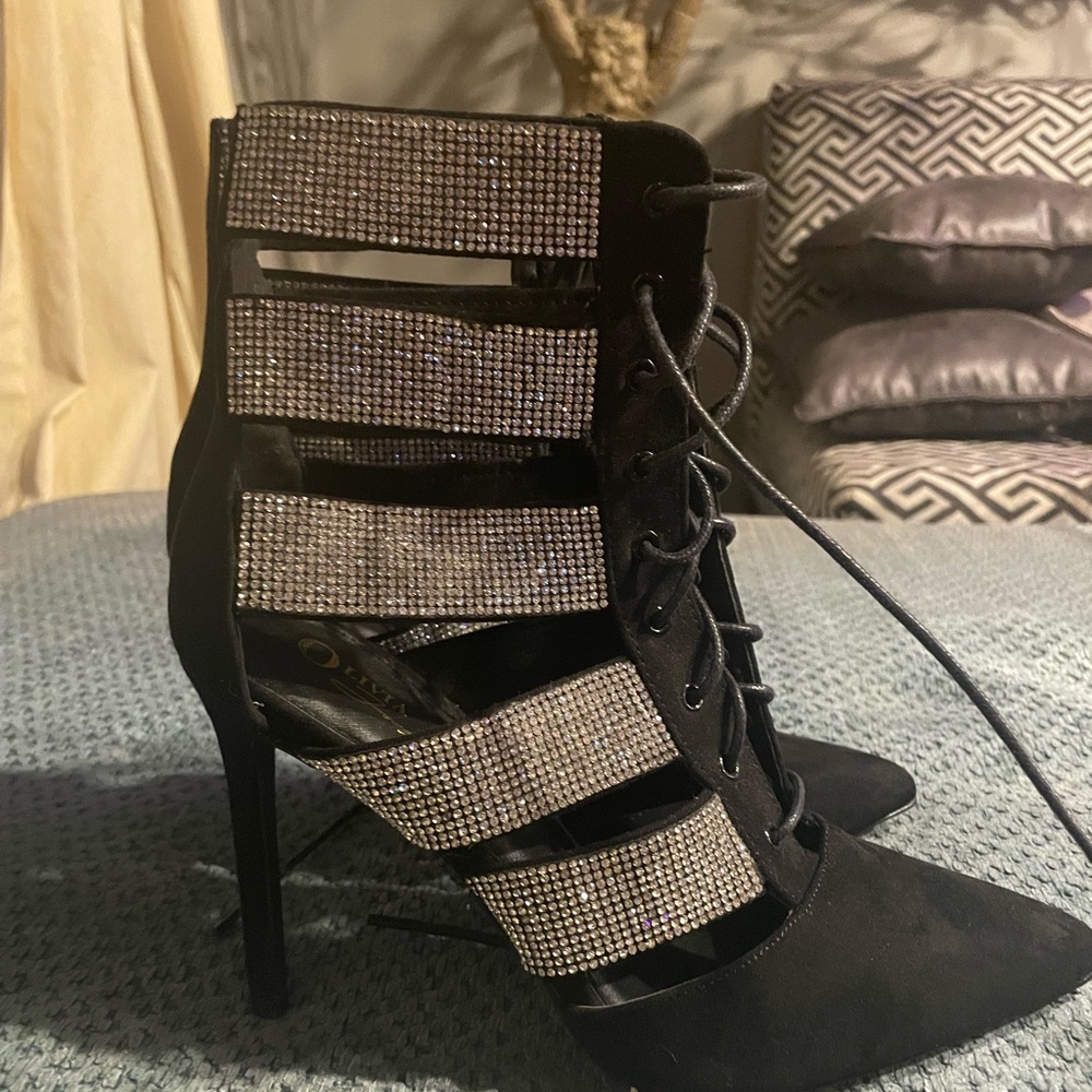 Women's Olivia Black Lace-Up Pointed Toe Heels with Rhinestone Straps